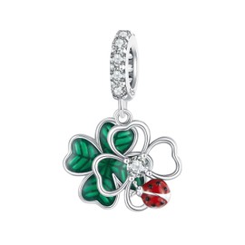 Qings Four Leaf Clover Charm Pendant for Bracelet Sterling Silver 925 Green Happy Ladybird Charms Beads with Cubic Zirconia for Necklace Birthday Gifts for Women Mother, Sterling Silver, Cubic