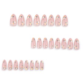 Flower Press on Nails Medium Length Almond Fake Nails Spring Glue on Nails French Tip Stick on Nails Glossy Nude Full Cover Acrylic False Nails Reusable Artificial Nails Kit for Women Girl 24Pcs