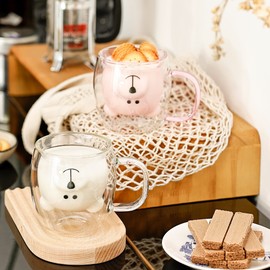 SHENDONG Cute Bear Cups Set of 2 Cute Cups Bear Tea Coffee Cup 8.5 oz Milk Cup for Personal Birthday, Valentine's Day and Office (White/Pink Bear Set of 2)