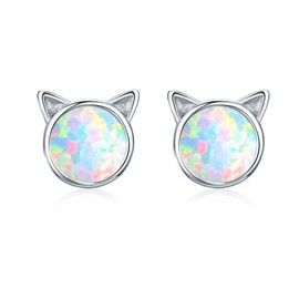 Cuoka Cat Opal Earrings 925 Sterling Silver Cute Opal Cat Stud Earrings Animal Opal Cat Pierced Earrings Jewelry for Women