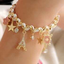 Womens Bracelet Flower Love Star Poker Eiffel Tower Flower Bracelet Fashion Elegant Leather Rope Crystal Woven Charm Bracelets Anklets for Women Gifts white