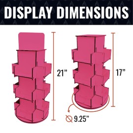 Rotating Display Stand, 3 Tier Wooden Organizer, 4-Sided Display Rack, 360 degree Spinning Multi-Pocket Tabletop Display Stand for Coasters, Stickers, Retail, Showcase, Tradeshow, 17”H, Pink