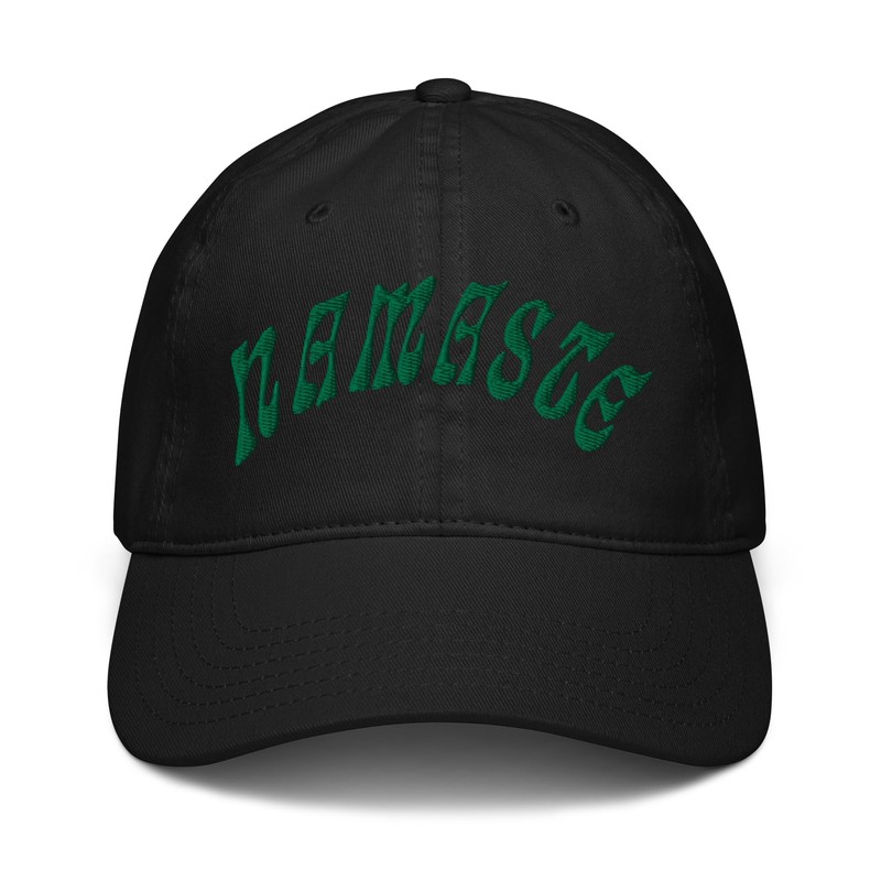 Ripple Junction Namaste Green Arched Text Adjustable Baseball Hat, Black,
