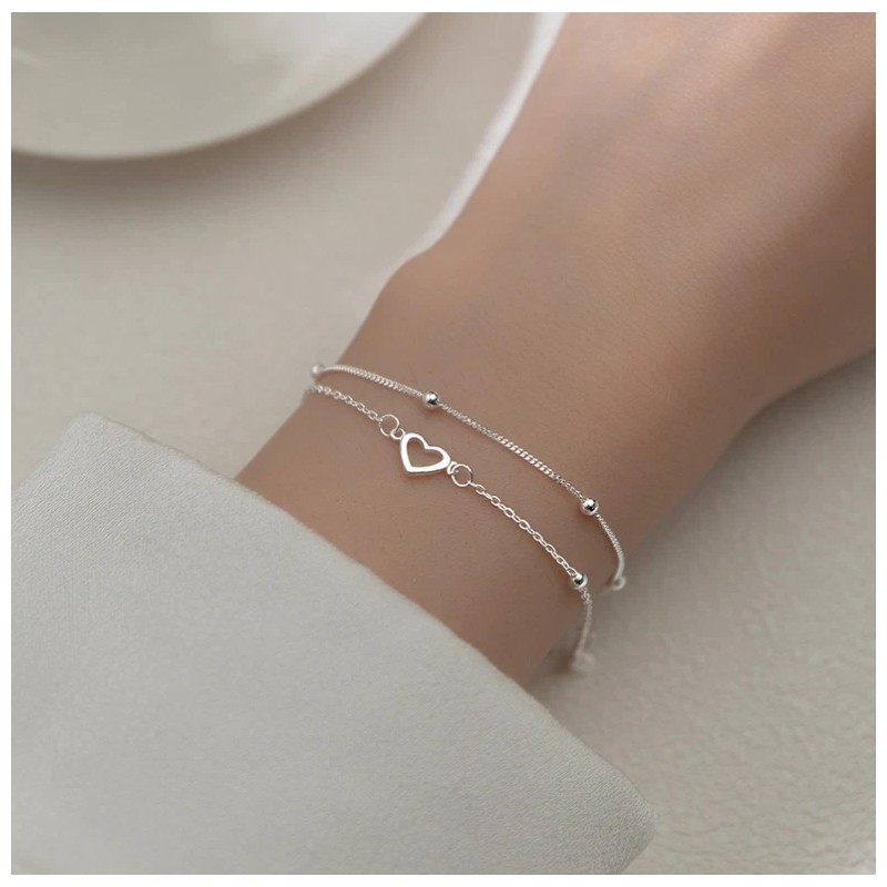 Unbranded 925 Silver Tone Double Layers Heart Ball Beads Link