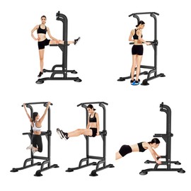 Dland Tower Adjustable Height Pull Up and Dip Station Multi-Function Home Strength Training Fitness Workout Station, BHUS-PSBB005