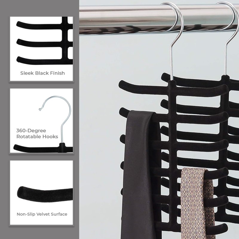 Set of 3 Non-Slip Velvet Tie Hangers, Black - Holds