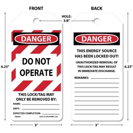Accuform Signs Tags By-The-Roll Lockout Tags, Leyenda "DANGER DO NOT OPERATE EQUIPMENT LOCKED OUT BY", 6.25" de largo x 3" de ancho x 0.010" de grosor, PF-Cardstock, rojo/negro sobre blanco, rojo/negro en blanco, 100 Tags/Roll