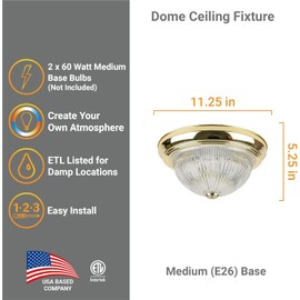 Diodesy- DBS11/CL Flush Mount Ceiling Light Fixture, Polished Brass Finish, 2-Light Decorative Dome Ceiling Fixture, E26 Medium Base, 11” Round Clear Glass for Kitchen, Living Room, 60 Watts,UL Listed