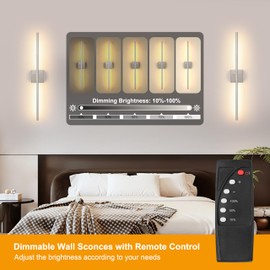 Morauroral Battery Operated Wall Sconces Set of 2, Dimmable Battery Wall Sconce with Remote Control, Sand-Nickel LED Rechargeable Sconces, 24 Inch Modern Wireless Wall Lights for Bedroom, Living Room
