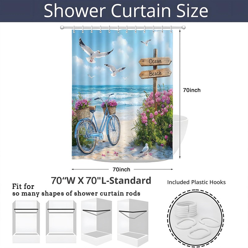 ZFMRZF Beach Bicycle Seagull Shower Curtain 70x70 Inch