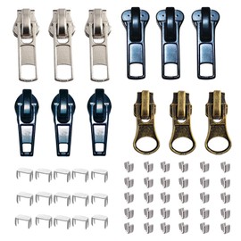 12 Pcs Zipper Pull Replacements #5 Zippers Lockable Sliders Repair Kit, Bottom Stop and Top Stop, Fix Zip Head On for Repairing Coats,Jackets, Metal Plastic and Nylon Coil Zippers.(57 Pcs)
