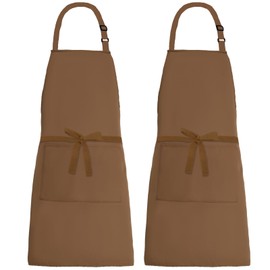 MissOwl 2 Pack Adjustable Bib Apron Long Ties with 2 Pockets Thicker Canvas Water Resistant Kitchen Cooking Baking Chef Aprons for Women Men Brown