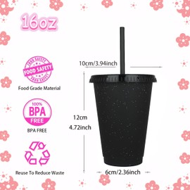 Yisituo 480ml Reusable Plastic Cups, 15 Pack of Kids Tumbler with Lid and Straw, for Cold Drinks, Iced Coffee, Travel and Smoothies (15, Black)
