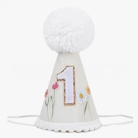 Finduat Floral First Birthday Party Hat, White with Pom Pom, Girls Birthday Crown with Wildflower Design