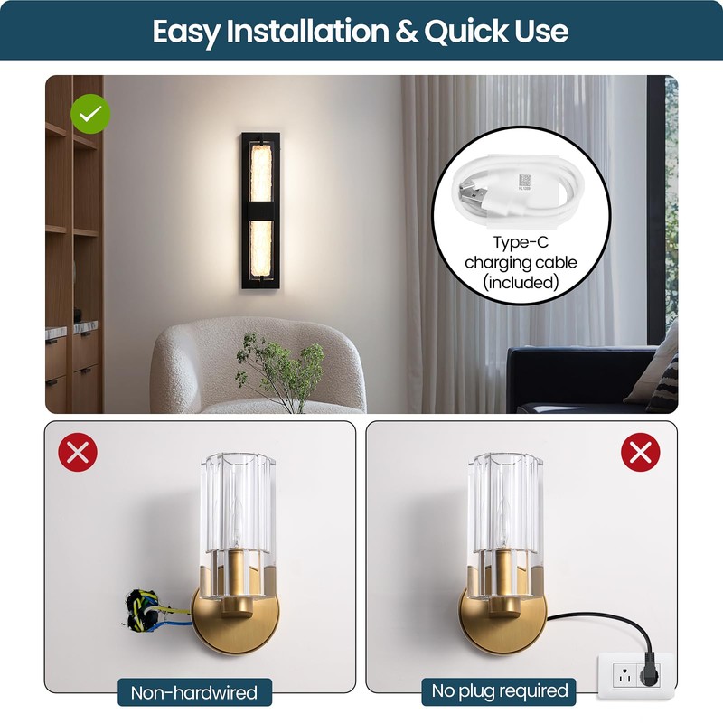 Battery Operated Resin Wall Sconce - Wireless Rechargeable Black Wall