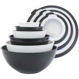 COOK WITH COLOR Mixing Bowls with TPR Lids - 12 Piece Plastic Nesting Bowls Set includes 6 Prep Bowls and 6 Lids, Microwave Safe Mixing Bowl Set (Black and White)