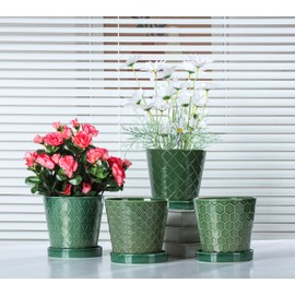 BUYMAX Plant Pots Indoor –5 inch Ceramic Flower Pot with Drainage Hole and Ceramic Tray - Gardening Home Desktop Office Windowsill Decoration Gift, Set of 4-Plants NOT Included (Patina)
