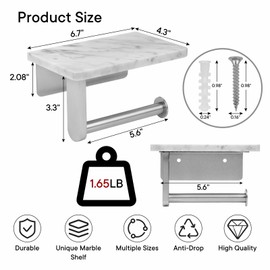 Toilet Paper Holder with Natural Marble Shelf for Bathroom Washroom,Wall Mounted Tissue Holder Suitable for Mega Roll (Brushed Nickel,Small 6.7 * 4.3 in)