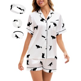 DOLOS Satin Pajama Set for Women 2-Piece Silk Pajamas for Women Set Short Sleeve Button Down Pjs Sleepwear Loungewear (Short-Cat White, Medium)