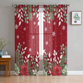 IDOWMAT Christmas Curtains Chiffon Sheer Curtains 63 Inches Long Christmas Poinsettia Flowers Winter Cedar and Berries Red Curtains for Living Room Bedroom, Rod Pocket Voile Drapes 52"x63", 2 Panels