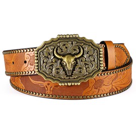 JASGOOD Western Leather Belt for Men Women Cowboy Cowgirl Removable Buckle & Full-Grain Strap Vintage Adjustable Belt for Jeans, Brown（OX）, Fit Waist Size 35"-38"