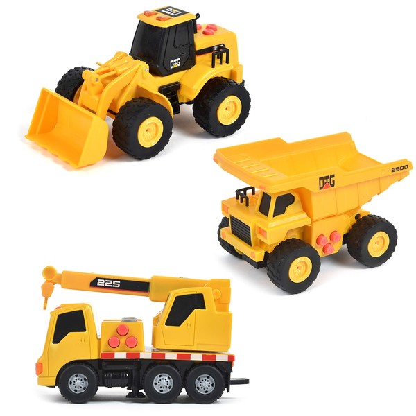 Sunny Days Entertainment Mini Construction Vehicles 3 Pack – Lights and Sounds Pull Back Toy Vehicle with Friction Motor | Includes Dump Truck Front End Loader and Crane Truck – Maxx Action