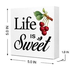 Life is Sweet Inspirational Wooden Plaque Sign Desk Decor,Rustic Cherry Wood Block Sign Desk Decorations for Farmhouse Home Kitchen Farm Garden Shelf Table Decor