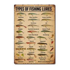 Vintage Fishing Lures Tin Sign 8x12 Rustic Metal Wall Decor Cabin Lake House