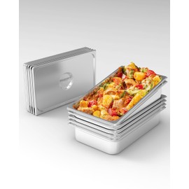 6 PCS Steam Table Pan, Hotel Pans,4" Deep Full Size Steam Table Pans,Full Size Food Pan,Half Size Hotel Pans[NSF Certified],Catering Food Pan Commercial Stainless Steel,No Handle + Lid