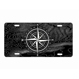 Compass Rose on Black Topographic map Front Plate Decorative Vanity Aluminum Sign Car Tag 12 x 6 inches