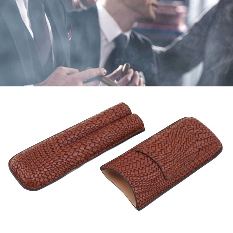 Cigar Case Holder Elegant Vintage Style Woven Pattern Leather Portable