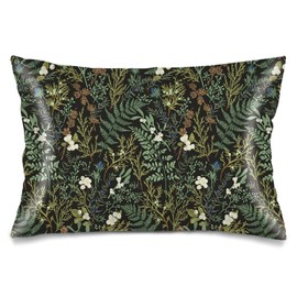 Silk Satin Pillowcase for Hair and Skin,Green Plant Throw Pillow Cover Queen Size Pillowcases Envelope Closure,Black Green Botanical Leaf Pillow Covers Vintage Floral Cushion Cases for Bed,20"x30"
