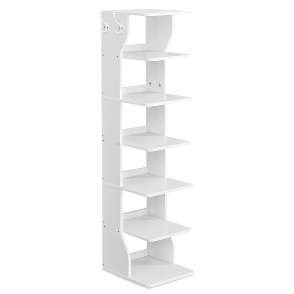 VASAGLE 7 Tier Vertical Shoe Rack, Narrow Shoe Storage Organizer with Hooks, Slim Wooden Corner Shoe Tower Rack, Robust and Durable, Space Saving for Entryway and Bedroom, White ULBS200T14