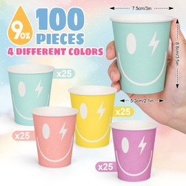 Whaline 100Pcs Muticolor Disposable Smile Paper Cups Preppy Happy Face Cups 4 Macaroon Colors Party Cups for Cold Hot Coffee Drink Table Decor Supplies, 9 Oz