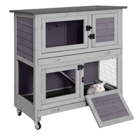 Joyqinchen Rabbit Hutch Indoor, 36'' Bunny Hutch Outdoor, Mobile Rabbit Cage with Wheels, 2-Story Bunny Cage with 2 Pull Out Trays, Wooden Guinea Pig Cage (Grey)