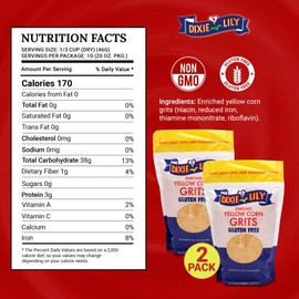 Dixie Lily Yellow Corn Grits - Quick-Cooking, Gluten-Free, Non-GMO, Low Fat & Sodium, Essential Vitamins & Minerals, Classic Southern Flavor - 2 Pack