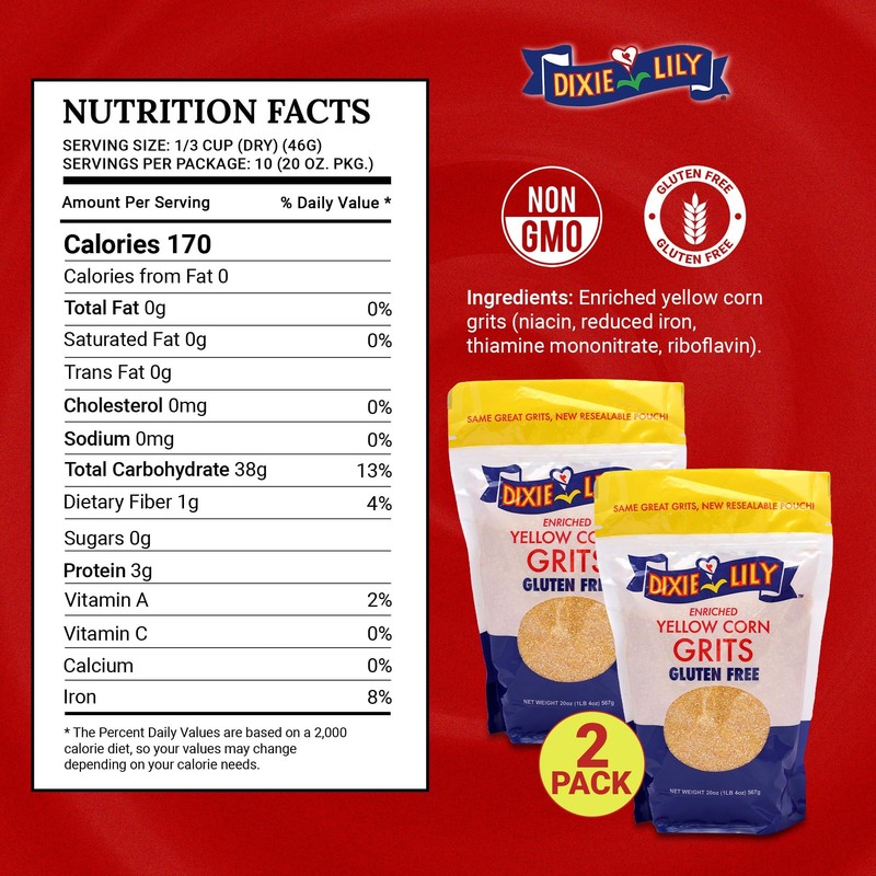 Dixie Lily Yellow Corn Grits - Quick-Cooking, Gluten-Free, Non-GMO, Low