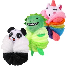 PHOGARY 3 Pack Bath Loofahs, Shower Sponge Balls Animal Mesh Pouf, Body Scrubber Exfoliator Shower Puff Bath Sponges for Children Body Bathing Lather Cleanse