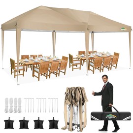 COBIZI 10x20 Pop up Canopy Tent Without Sidewall, Waterproof Portable Outdoor Canopy 10x20 Ez up Instant Shelter Tent for Parties, Wedding, Backyard, Carport with Carry Bag & 4 Sandbags(Khaki)