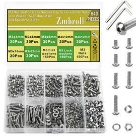Zmbroll M3 Button Head Socket Cap Screw 640Pcs Machine Screws Bolts Nuts Washers Kit M3x4/6/8/10/12/16/20mm Hex Socket Cap Fully Thread 304 Stainless Steel Screw with Hex Wrench