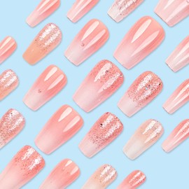 Coffin Press on Nails Short Fake Nails with Glitter Gradient Designs Pink Nails Press ons Cute Acrylic Nails Glossy Glue on Nails Daily Wear Simple False Nails Fall Stick on Nails for Women 24Pcs