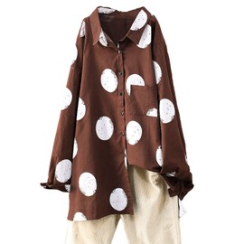 Minibee Women's Button Down Tunic Tops Polka Blouse Cotton Shirt (M, Style1 Coffee)