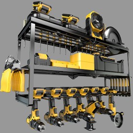 BESTISAN Power Tool Organizer, 7 Drill Holder Wall Mount and 3 Layers Storage Rack for Garage Organization, Shed, Workshop, Pegboard with Plier/Hammer Holder-Heavy Duty Carbon Steel-150 LBS Capacity