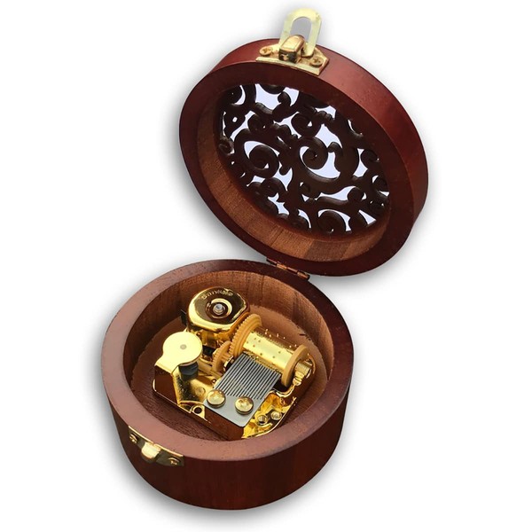 BinkeGG Brown Wooden Circular Hollow Out Music Box with Sankyo