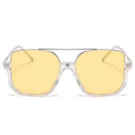 Long Keeper Retro Oversize Pilot Sunglasses for Women Men Aviation Sunglasses Square Double Bridge Sun Glasses Semi-Rimless Vintage Shades UV400 Protection (Silver Clear Frame - Yellow Lens)