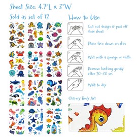 allydrew Waterproof Glitter Temporary Tattoos, Birthday Party Favors and Supplies, Goodie Bag Fillers, 12 Sheets Ocean Animals