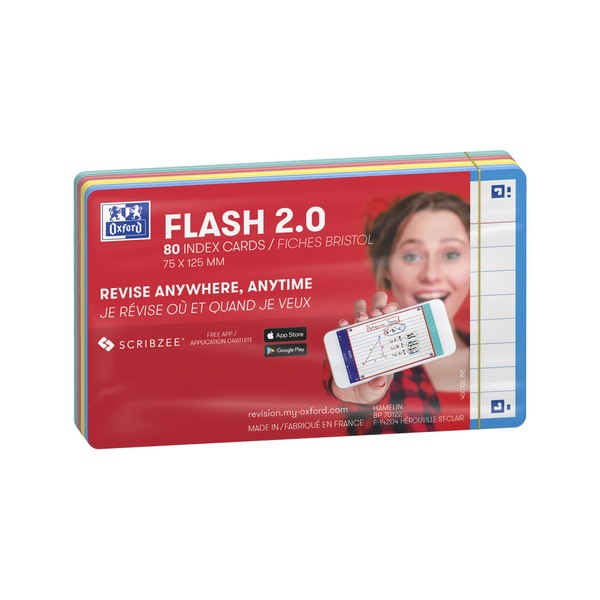 Oxford Flash Cards by Oxford, Assorted Colours, Ruled, Pack of 80 Revision Cards, 7.5 x 12.5 Size