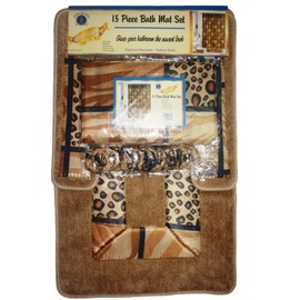 Printed Leopard's Skin Design, Safari 15 Piece Bathroom Set, Brown and Beige, Bath Rugs, Shower Curtain, and Hooks
