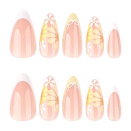 Medium Almond Press on Nails French Tip Fake Nails Cute Nails with Flowers Designs Full Cover Stick on Artificial Nails for Women 24 Pcs (P-3, M-3)
