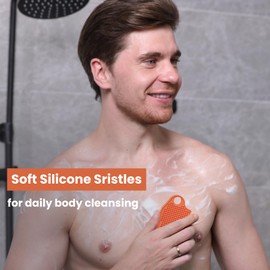 iTokGok Silicone Body Scrubber Silver-Infused Dual-Sided 3-in-1 for Shower, Body Cleaning+Massage+Exfoliator Body Brush Buffer for Men and Women, Silicone Loofah, Non-Slip Handle (Orange)